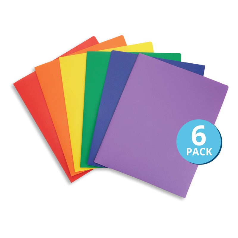 Blue Summit Supplies 6 Pack Multicolor Two Pocket Plastic Folders with Pockets, Heavy Duty Colored 2 Pocket Plastic Folders for School, and Business Card Slot, Home, and Work - Image 1